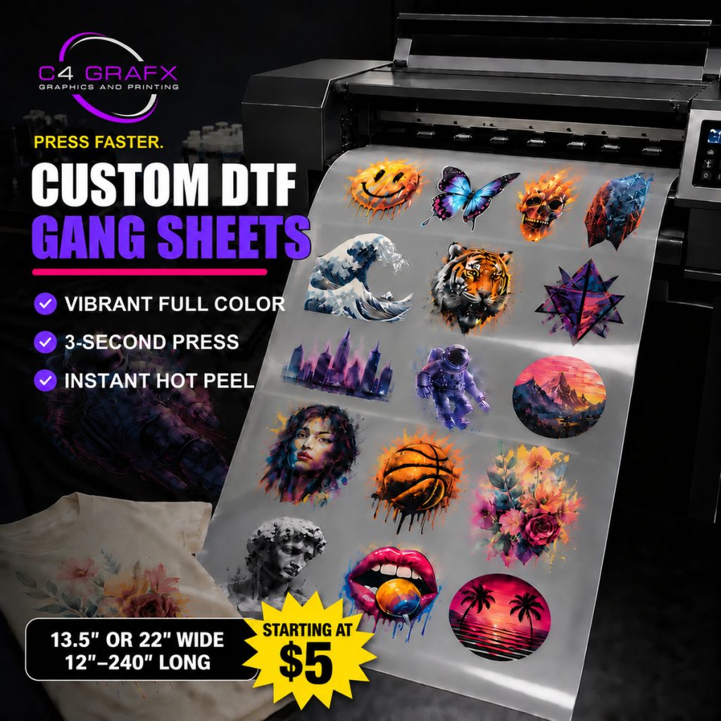 C4 Grafx custom DTF gang sheets in 13.5-inch or 22-inch widths, starting at $5