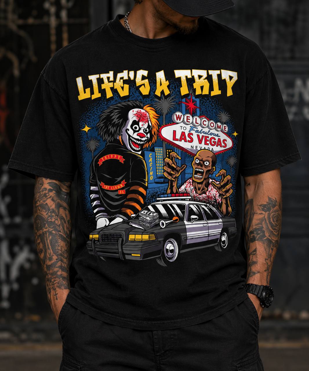 Lifeโs a Trip T-shirt shown on a model